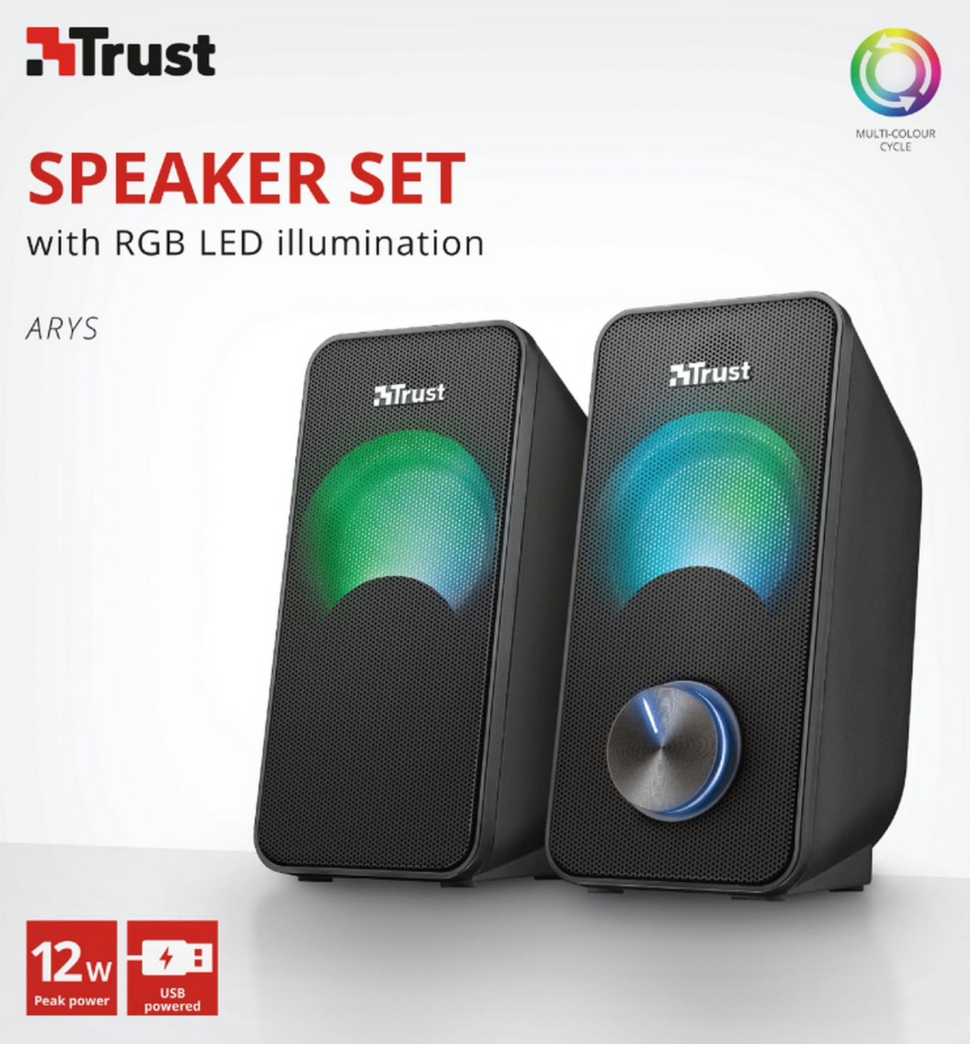 Conjunto de altavoces negros con iluminación LED RGB, que muestra el logotipo de Trust y un círculo multicolor.