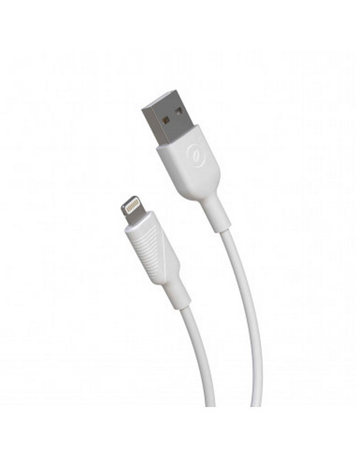 Cable USB a Lightning blanco, en ángulo, sobre un fondo blanco. Ambos extremos son visibles.