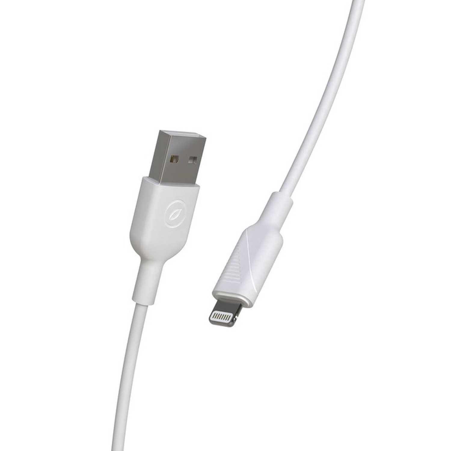 Cable blanco USB a Lightning con conectores blancos, sobre fondo blanco.