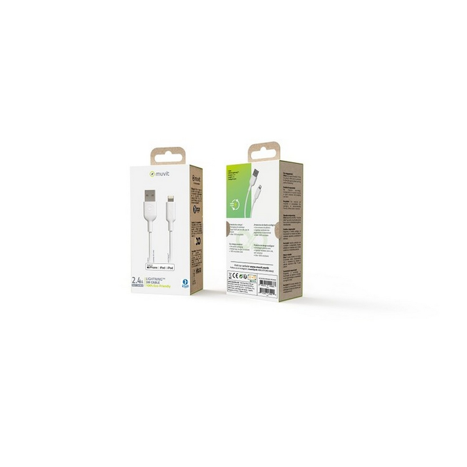 Dos cajas blancas y grises sobre una superficie blanca. Contienen un cable Lightning blanco.