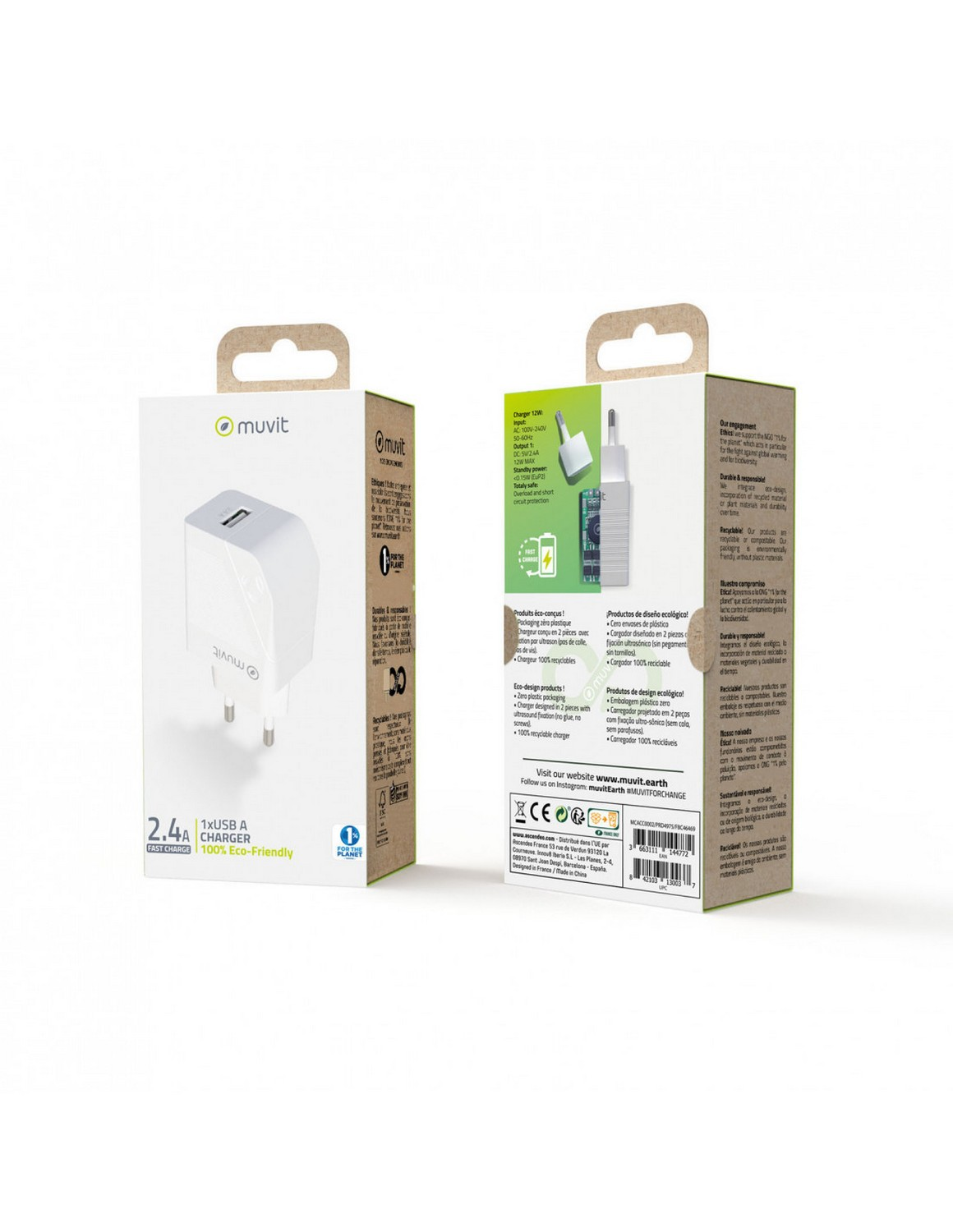 Caja blanca y de cartón para un cargador Muvit, con información del producto y una pestaña para colgar.