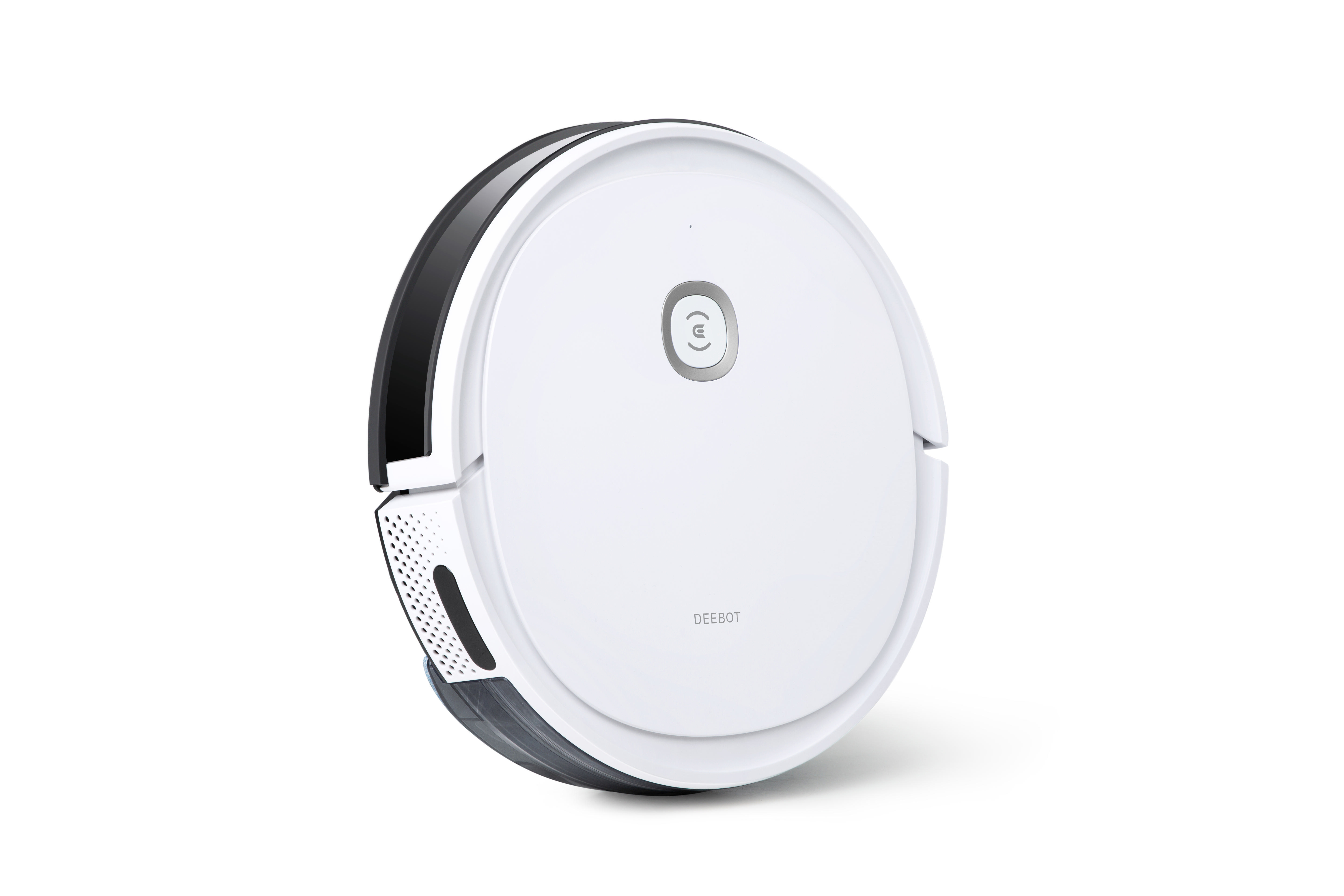 Weißer und schwarzer DEEBOT-Roboter-Staubsauger auf weißem Hintergrund. Er hat eine runde Form und einen Kontrollknopf.