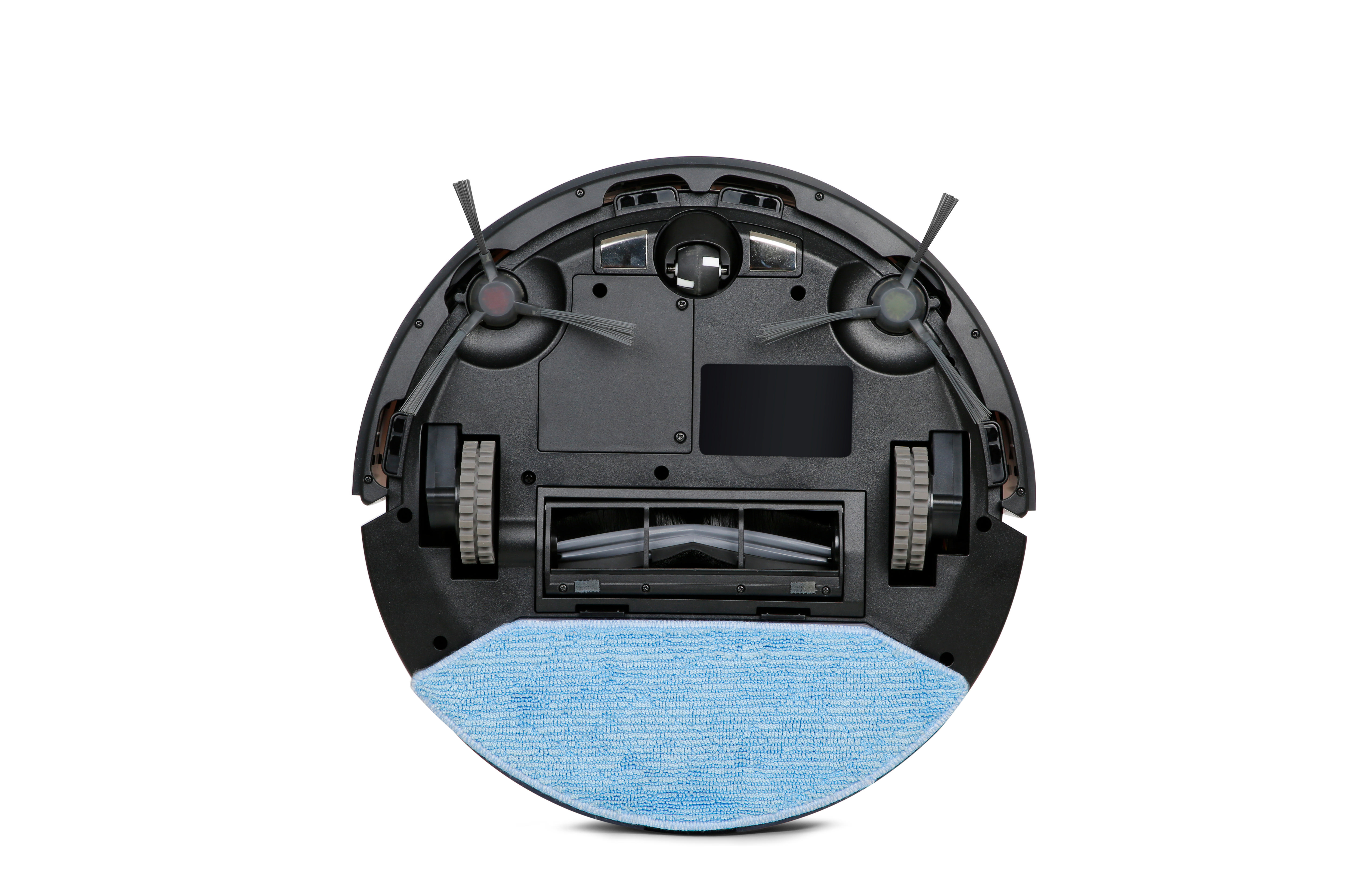 Unteransicht eines schwarzen Roboterstaubsaugers. Er hat Bürsten, Räder und ein blaues Reinigungspad.