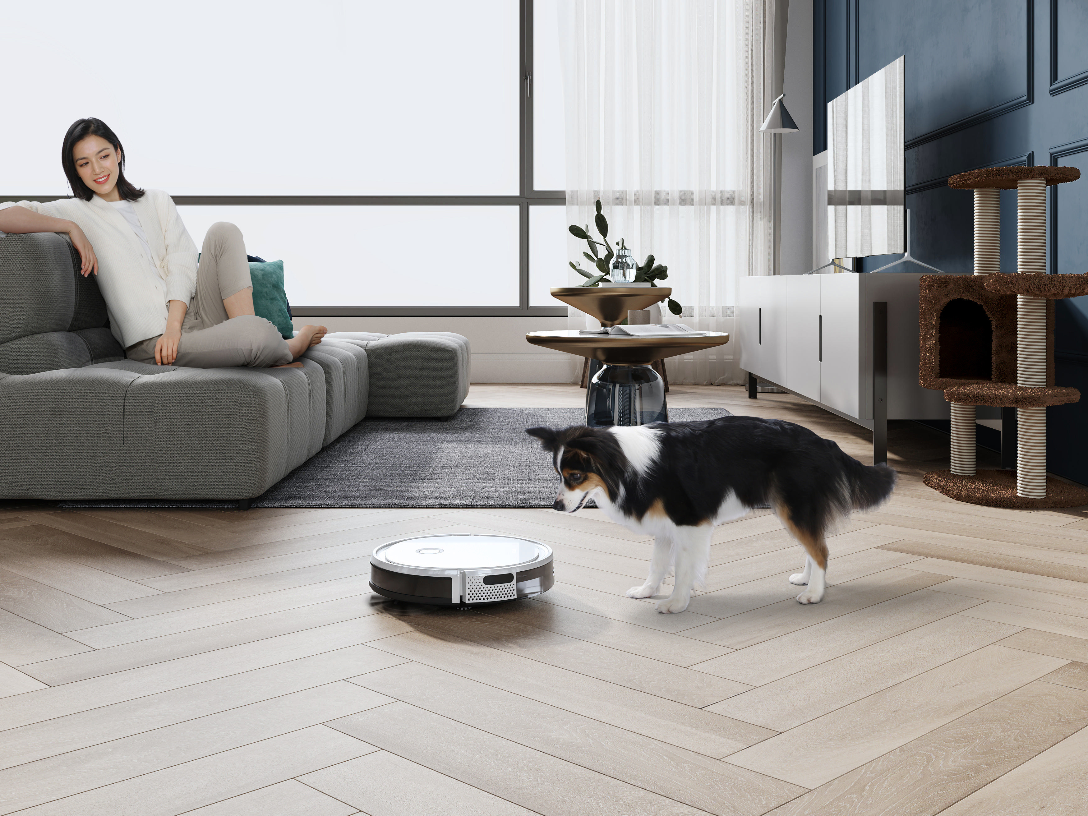 Eine Frau auf einem Sofa beobachtet einen Roboterstaubsauger. Ein Hund steht in der Nähe des Staubsaugers auf einem Holzboden.