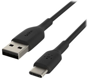Black USB-C to USB cable with Belkin branding, white background.