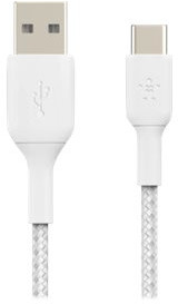 Deux câbles USB blancs sont posés sur une surface blanche.
