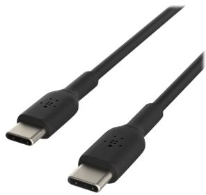 Deux câbles USB-C noirs côte à côte. Chacun a un logo Belkin sur son connecteur.