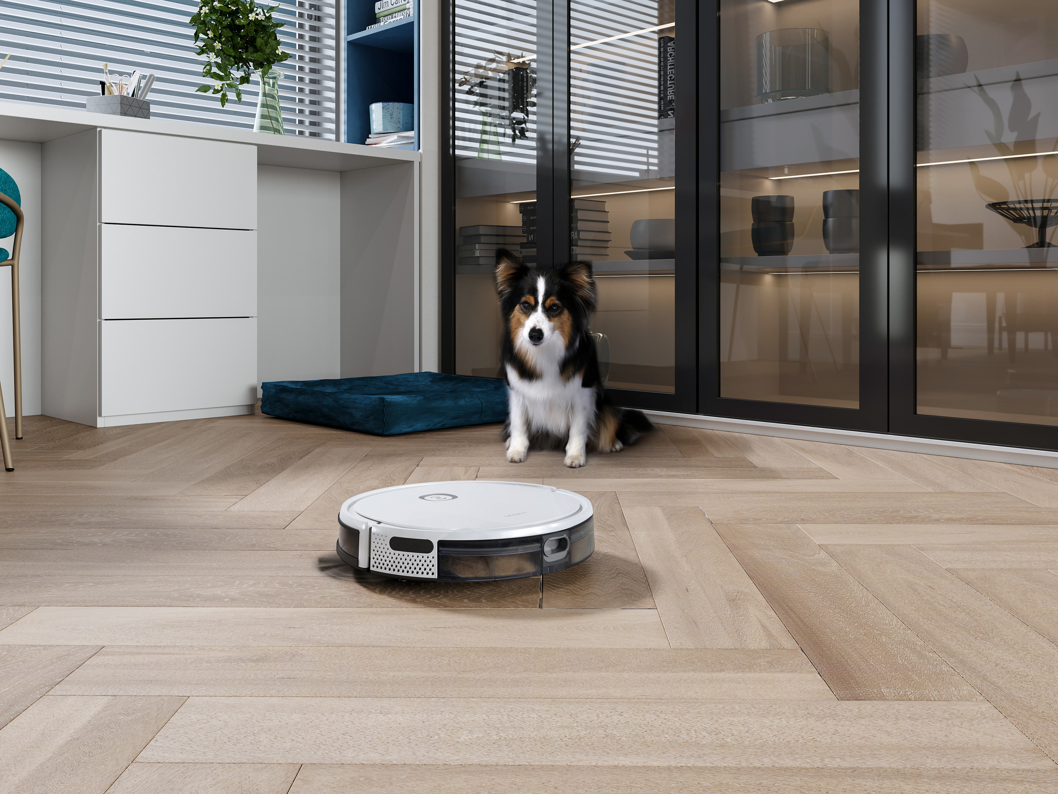 Ein Hund sitzt in der Nähe eines Roboterstaubsaugers auf einem Holzboden. Schränke und ein Schreibtisch mit Fenster sind im Hintergrund.