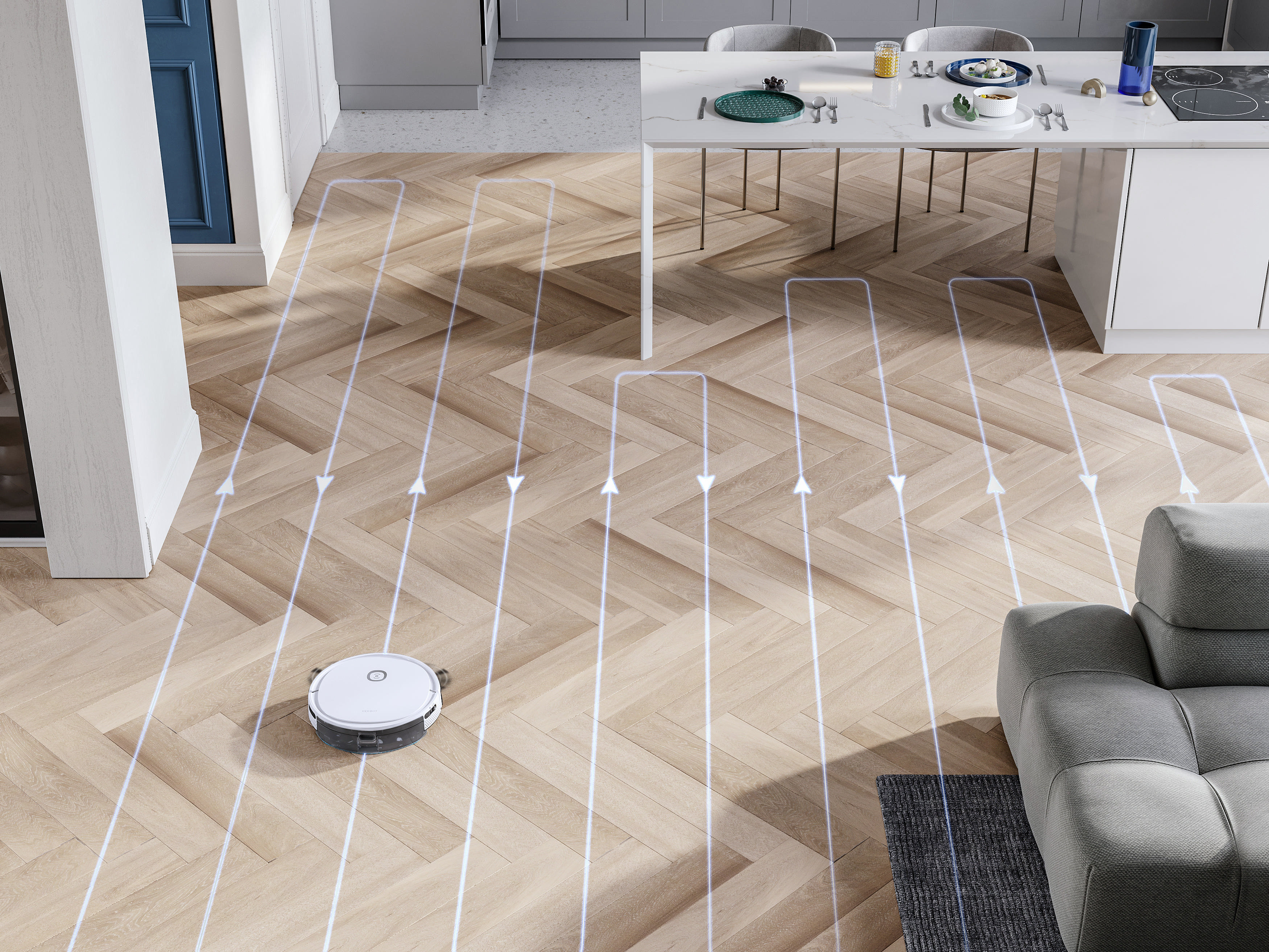 Ein Roboterstaubsauger reinigt einen Holzboden. Die Route wird durch leuchtende Linien hervorgehoben. Küche und Sofa sind ebenfalls zu sehen.