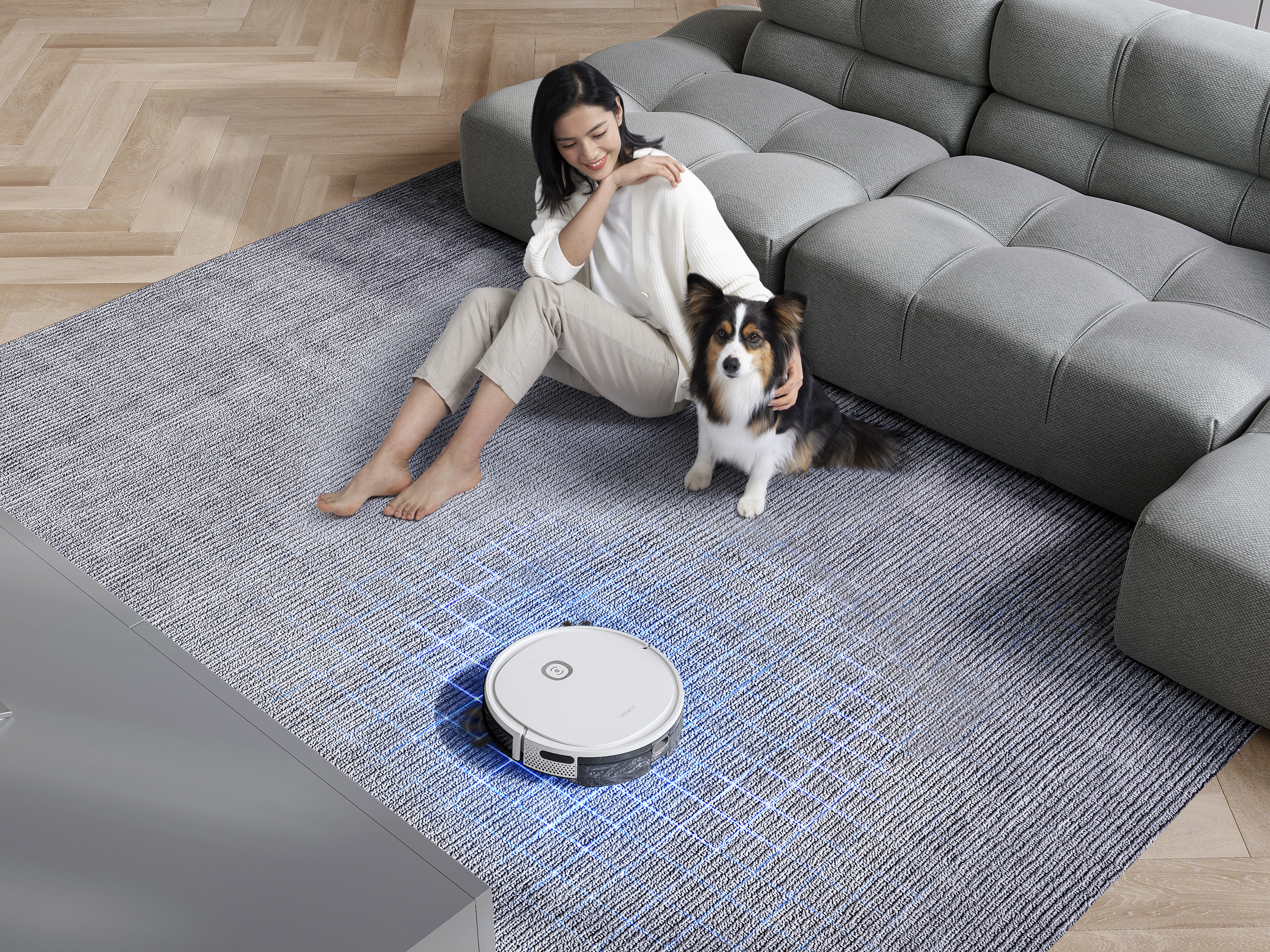 Frau mit Hund auf Teppich, Roboter-Staubsauger. Graues Sofa und Holzboden im Hintergrund.