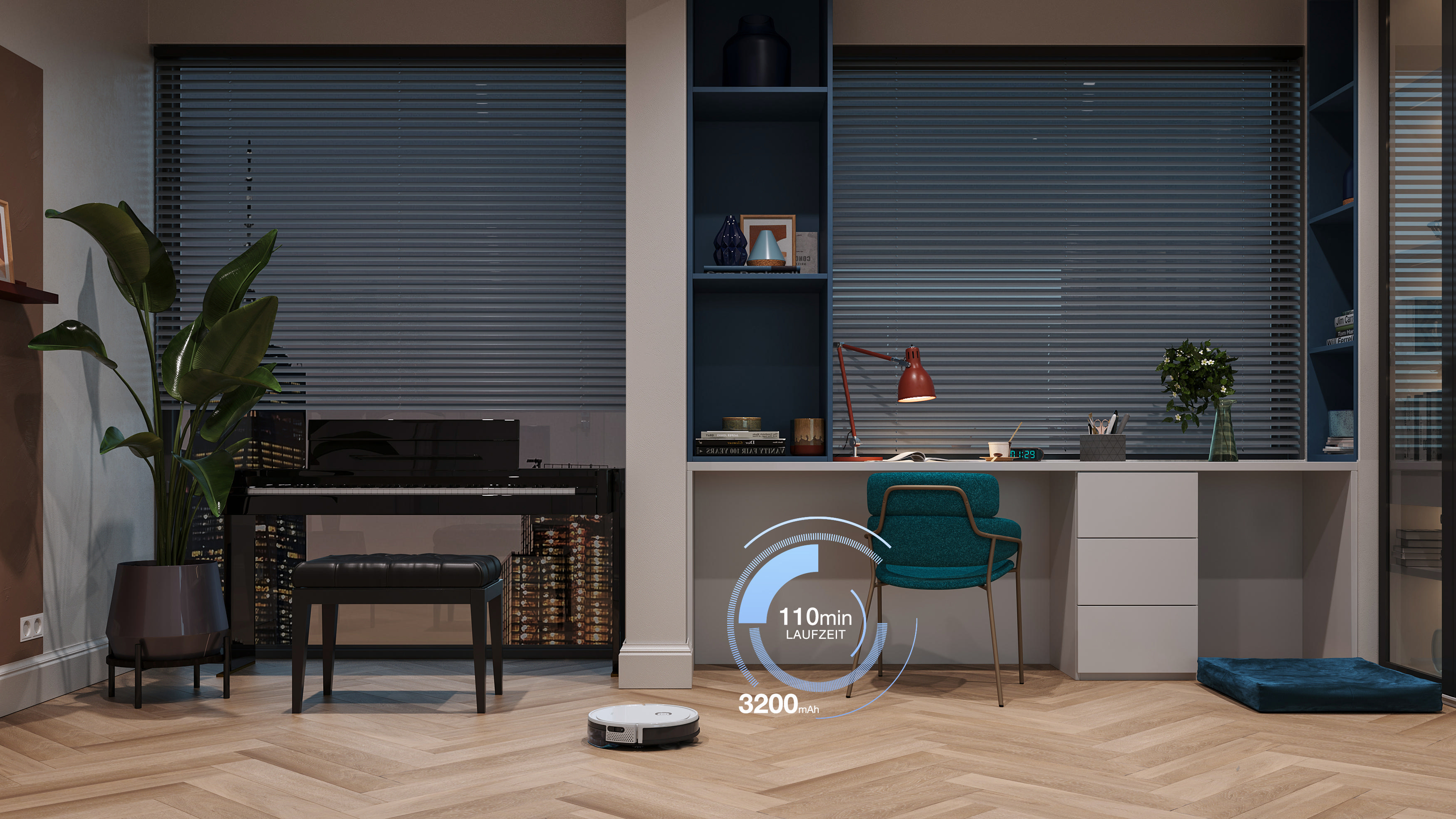 Zimmer mit Klavier, Schreibtisch und Staubsaugerroboter. Eine große Pflanze steht am Klavier. Ein Timer und Akkusymbol sind sichtbar.
