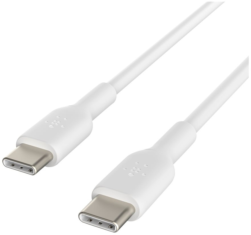 Câble USB-C blanc. Deux connecteurs aux extrémités. Fond blanc.