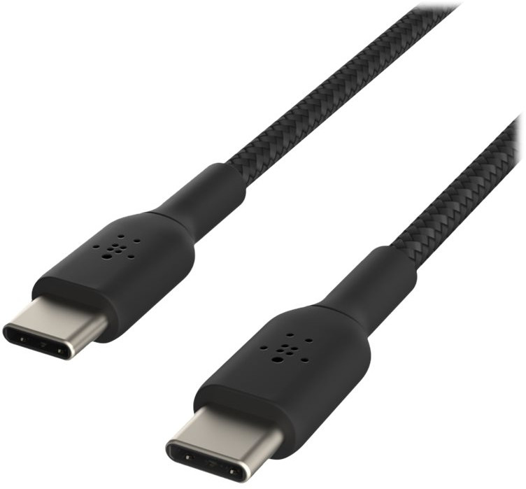 Câbles USB-C noirs, inclinés. Le câble a un motif tissé et deux connecteurs.
