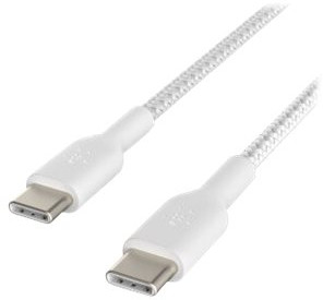 Un câble USB-C blanc avec un design tressé. Le câble a deux connecteurs USB-C à chaque extrémité.