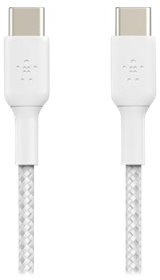 Deux câbles USB-C blancs côte à côte, vue de dessus, sur fond blanc.