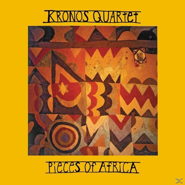 Album borító, sárga háttér, absztrakt művészet piros, narancs és barna színekben, a 'Kronos Quartet' és a 'Pieces of Africa' fekete szöveggel.