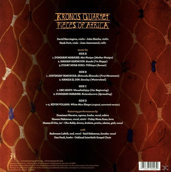 Album borító: Kronos Quartet, 'Pieces of Africa'. A szöveg felsorolja a dalokat, a zenészeket és az előadókat.