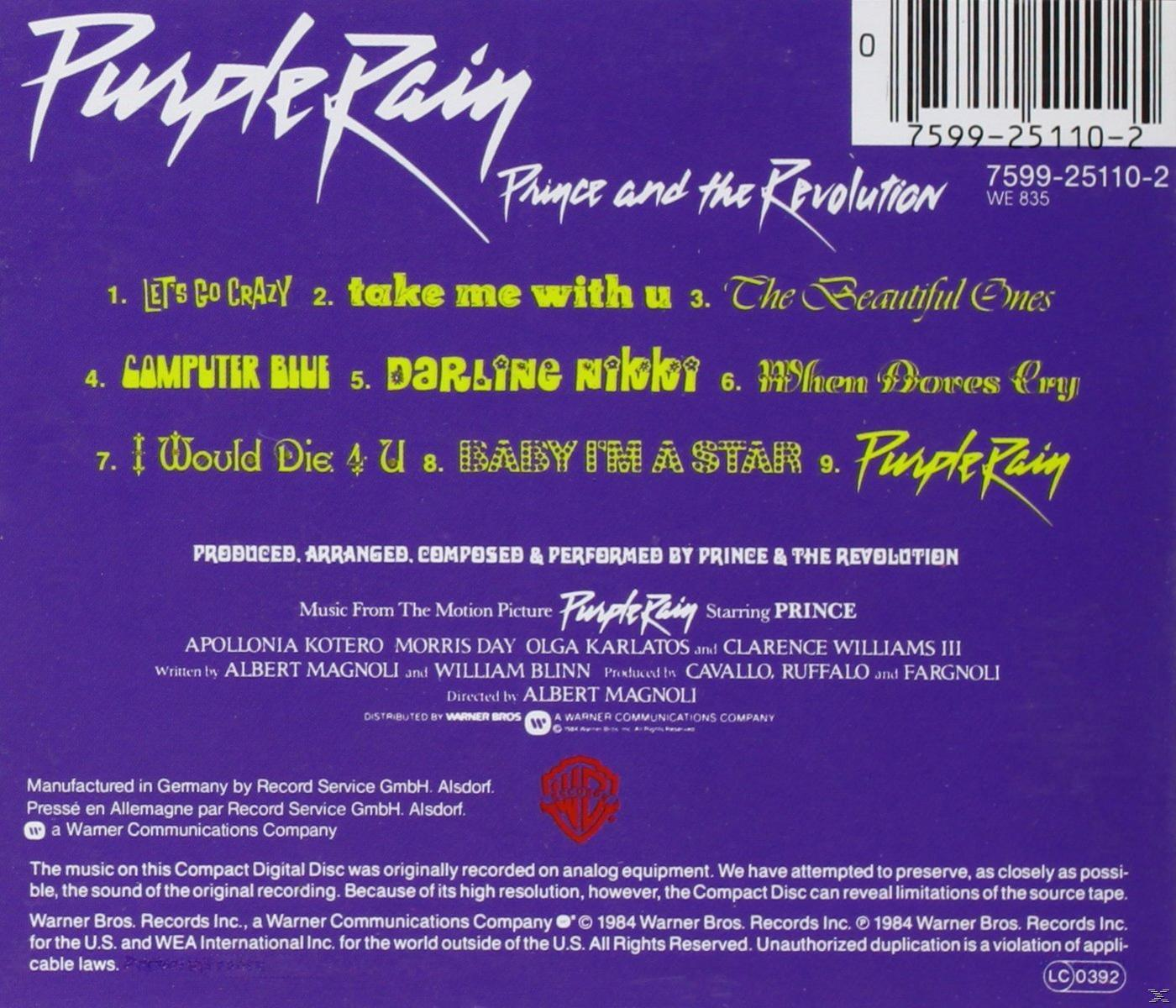 A 'Purple Rain' album hátoldala, számlistával és a zenéről, szerzői jogokról szóló szöveggel.