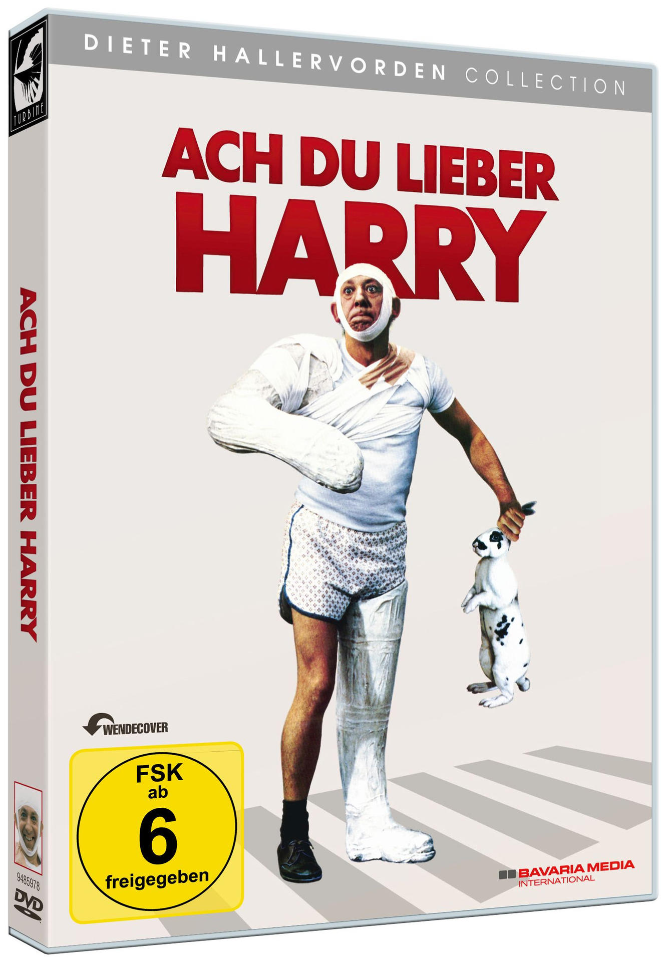 DVD-Hülle mit einem Mann im Gips, einem Kaninchen und Text.