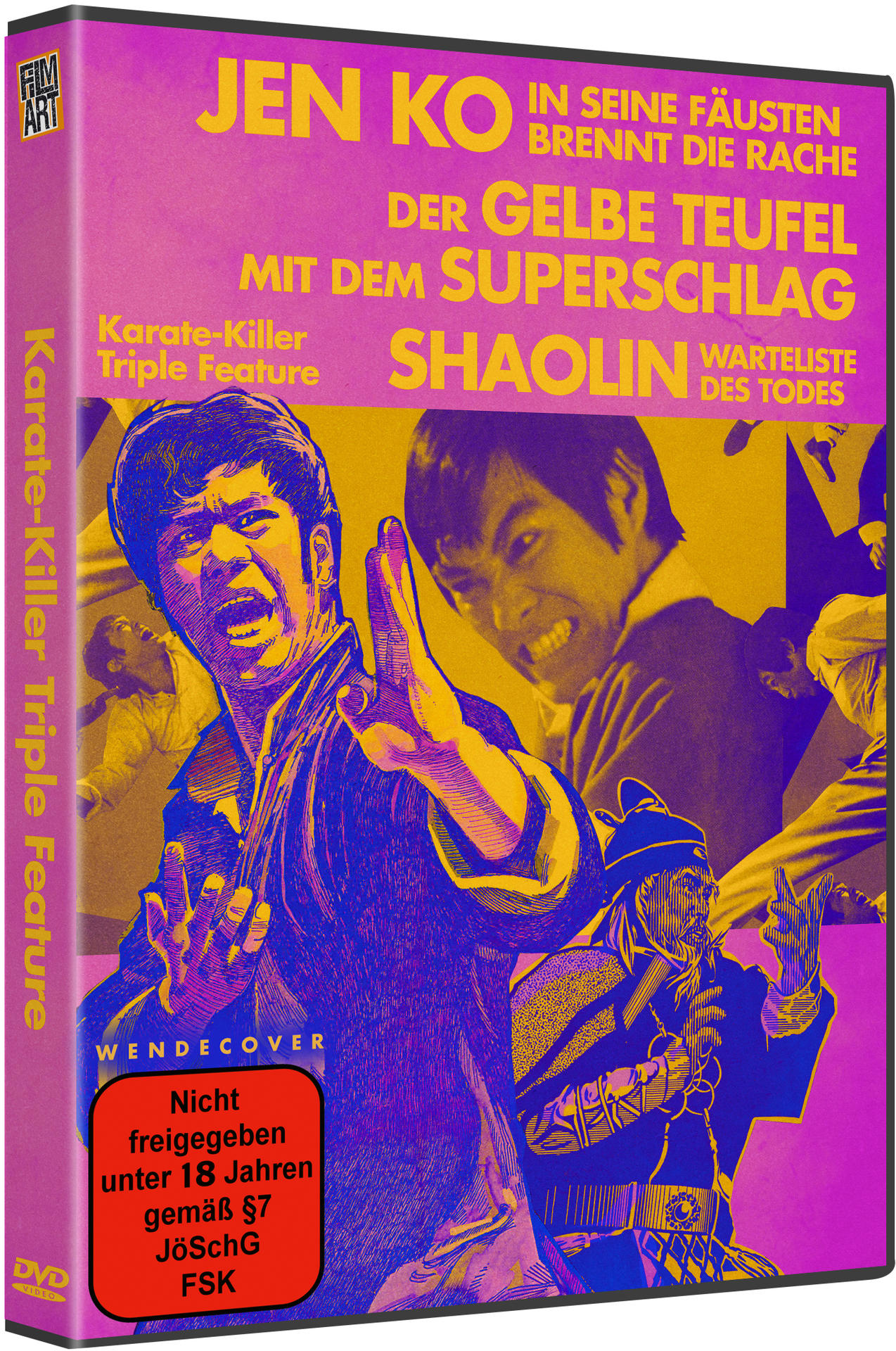 DVD-Cover eines Films mit einem Mann in Kampfsportpose. Das Cover ist hauptsächlich rosa und lila.