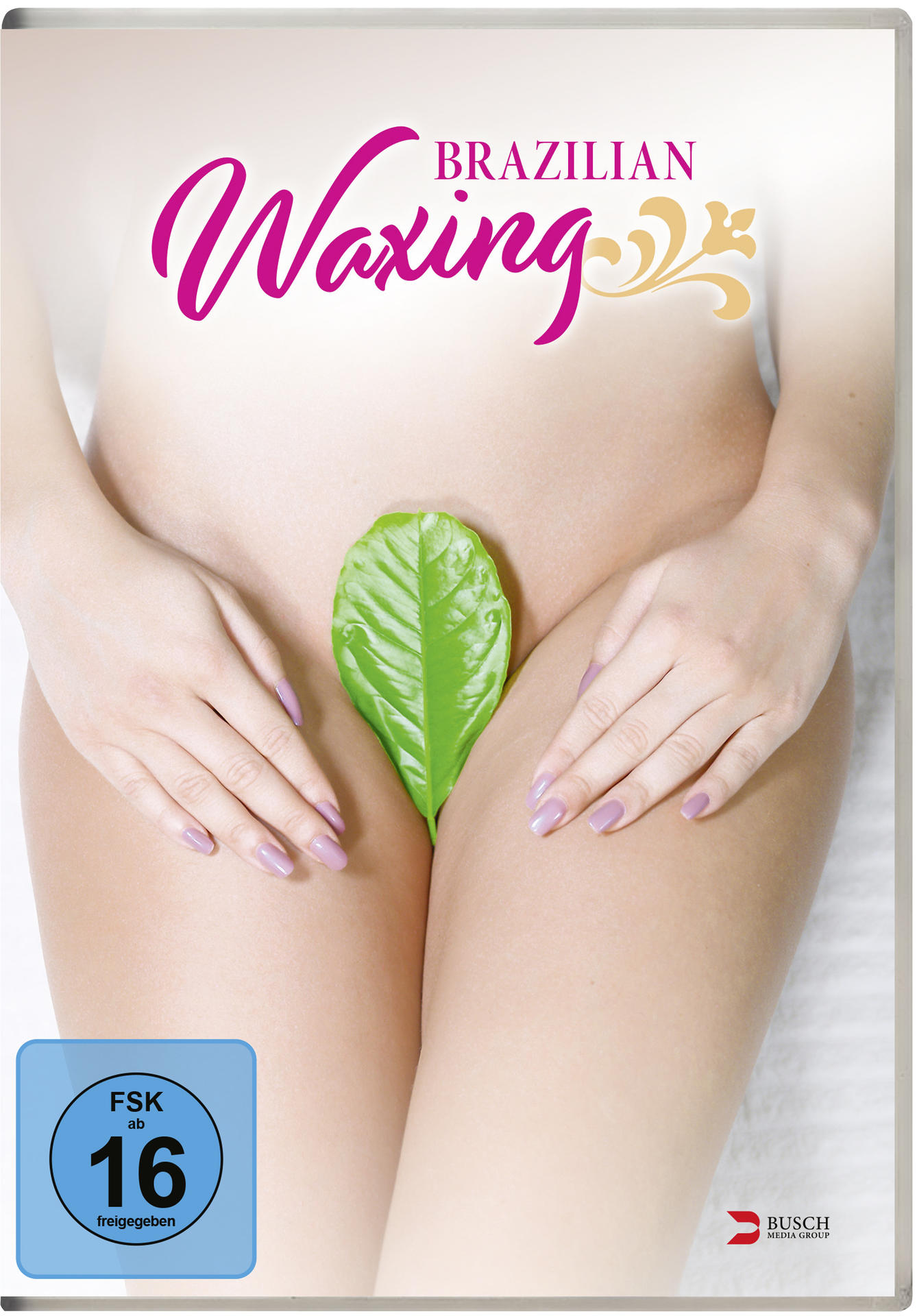 Bild eines weiblichen Körpers mit einem grünen Blatt, das den Intimbereich bedeckt. Das Wort 'Brazilian Waxing'.