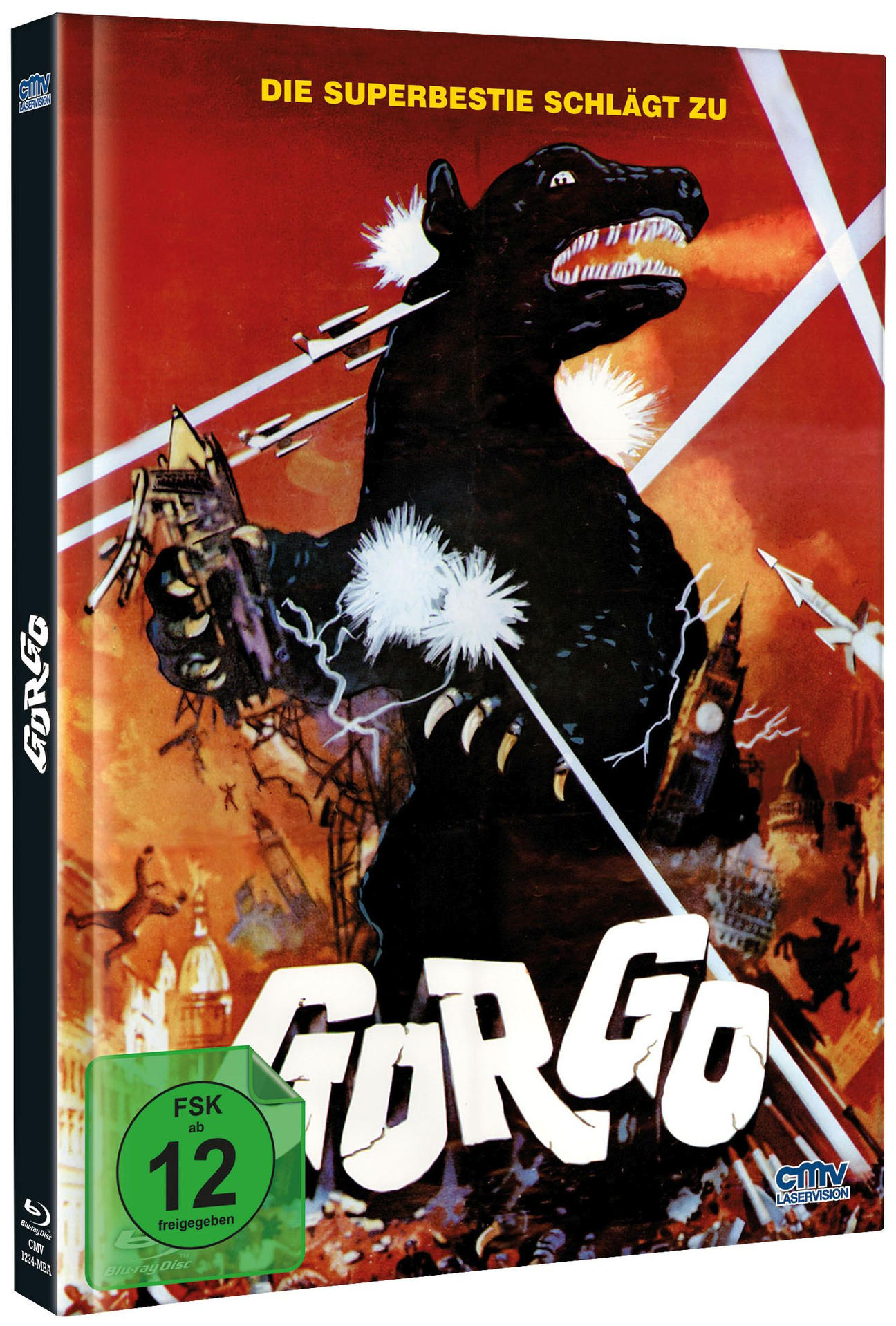 Blu-ray-Filmhülle mit einem Monster auf dem Cover, mit dem Titel „GORGO“. Der Hintergrund ist rot.
