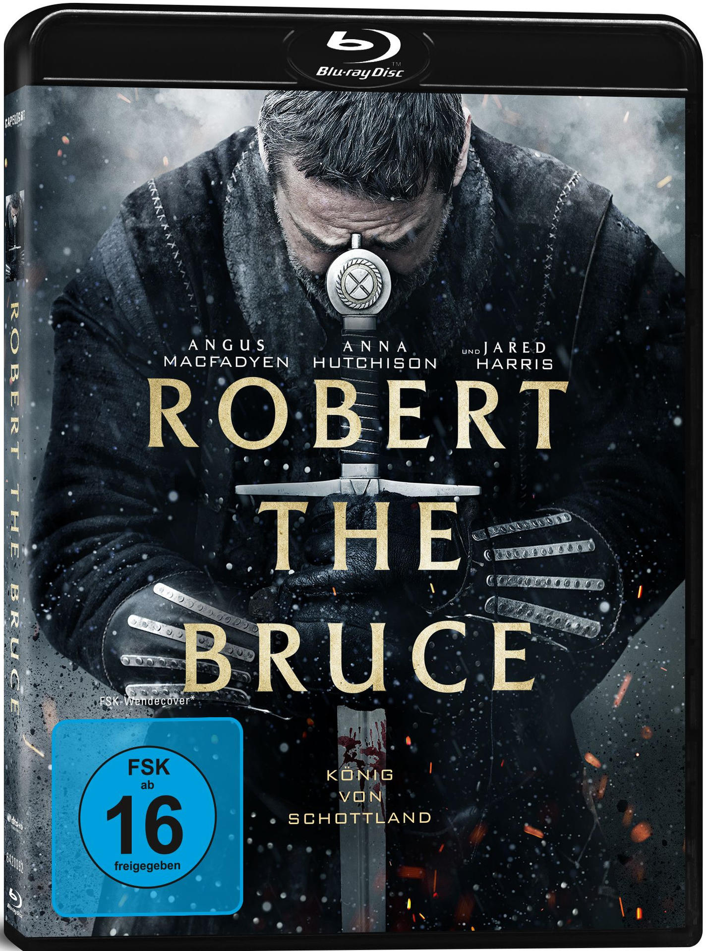 Blu-ray-Disc-Cover von Robert the Bruce, mit Schwert und Mann im Zentrum.
