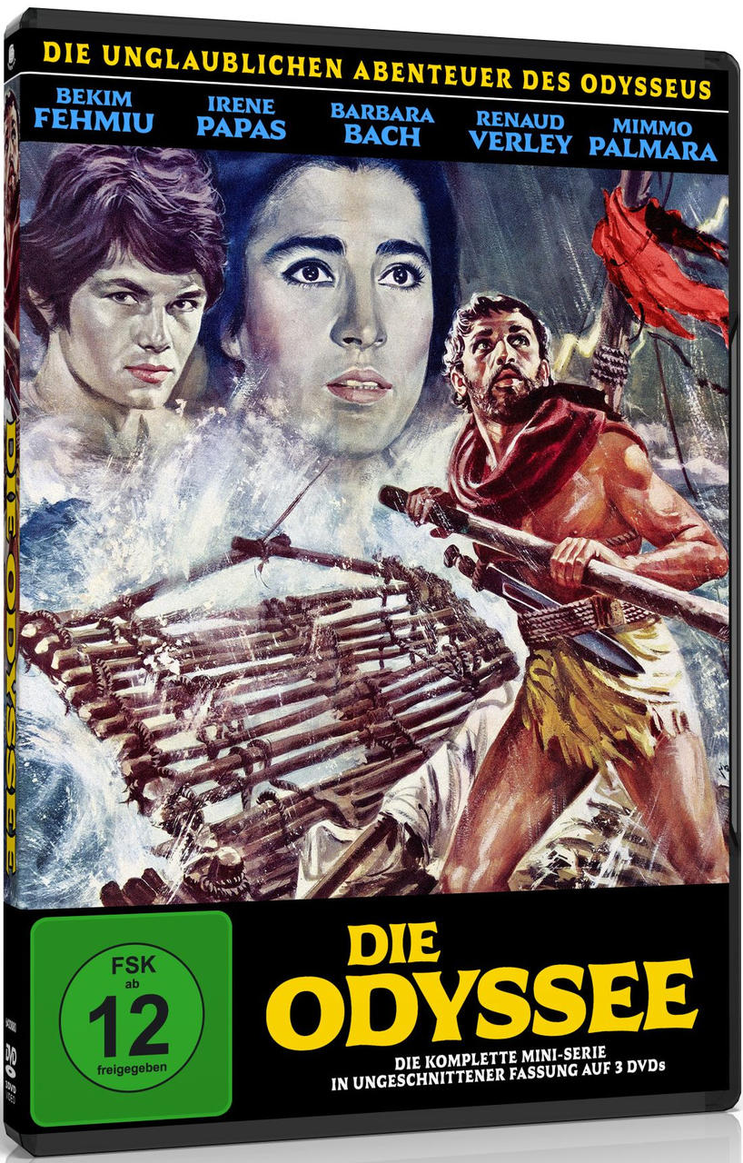 Filmcover. Menschen auf einem Floß im Meer. Titel: Die Odyssee. Vintage, farbenfrohes Design.