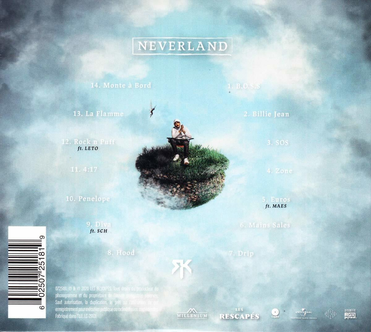 Achterkant van een Neverland album met tracklist en een persoon.