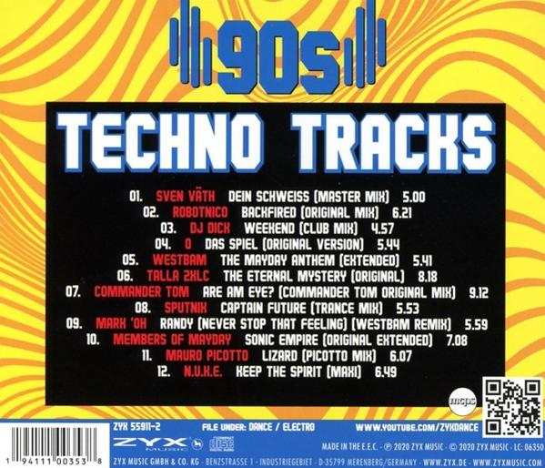 CD-Cover von 90s Techno Tracks mit farbenfrohem Design. Liste der Songs und Künstler auf der Rückseite.