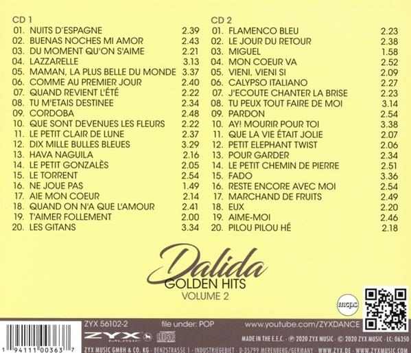 Albumcover von Dalidas Golden Hits Volume 2 mit einer Trackliste.