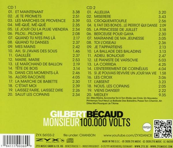 CD-Cover mit Titellisten und dem Titel 'Monsieur 100.000 Volts' von Gilbert Bécaud.