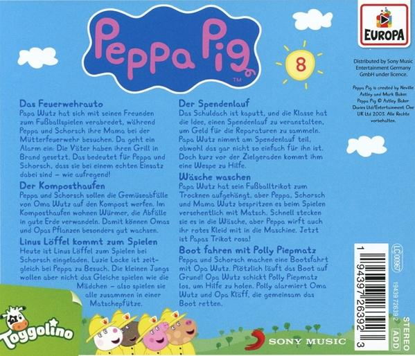 Rückseite der Peppa Wutz DVD, mit Text auf Deutsch und Bildern der Charaktere.