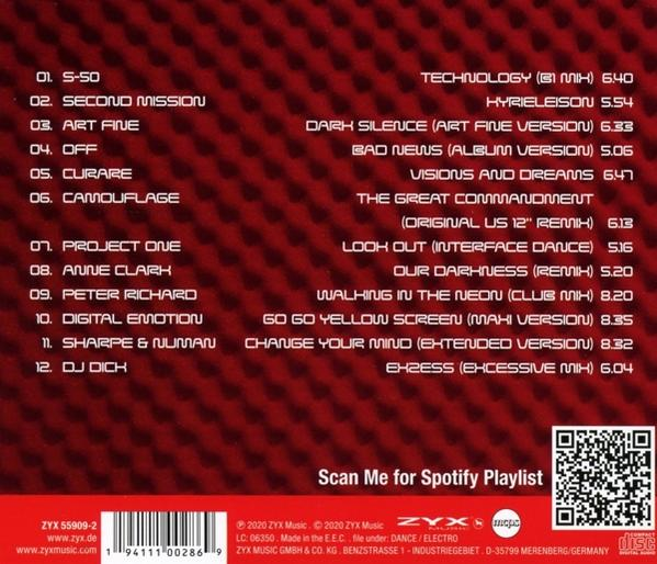 CD-Album-Rückseite mit Titelliste in Rot und Schwarz, mit QR-Code und Barcode.