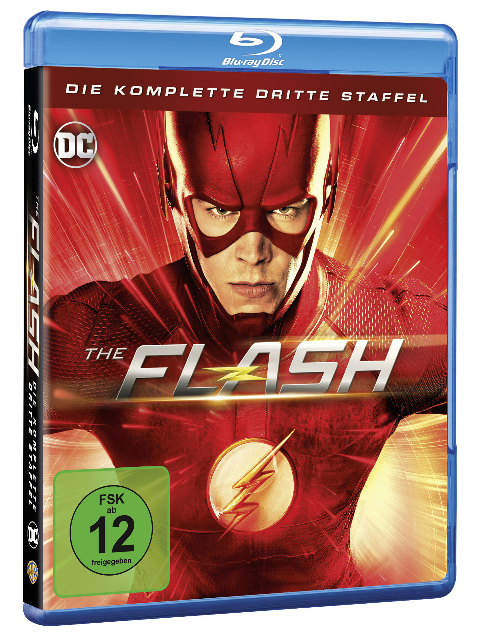 The Flash Blu-ray Cover. Mann in rotem Anzug, Blitz. Blu-ray Disc Hülle.