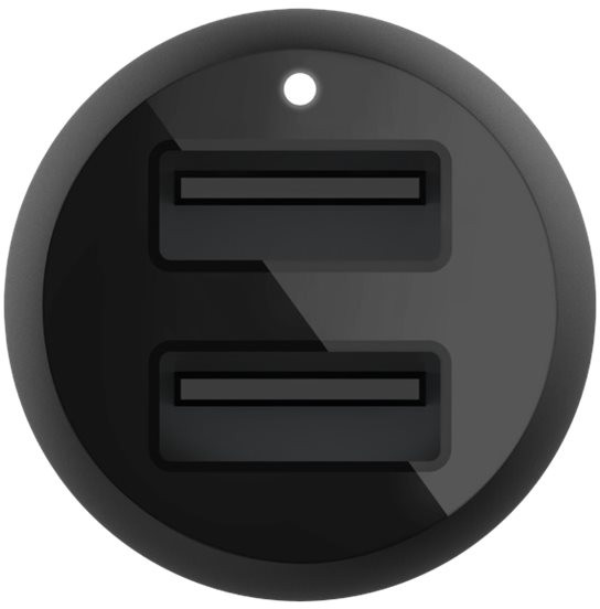 Chargeur de voiture noir avec deux ports USB.