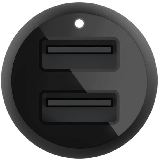 Chargeur de voiture noir avec deux ports USB, surface brillante et un petit trou en haut.