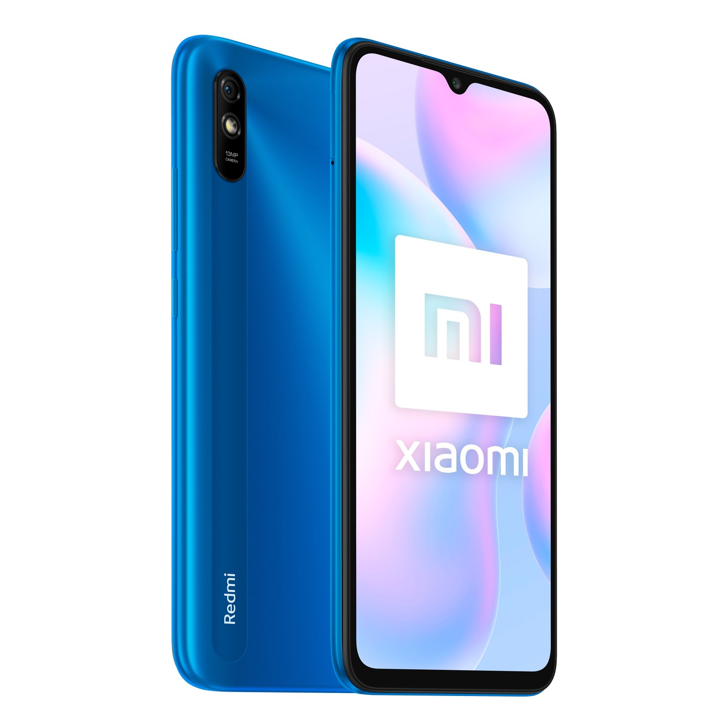 Teléfono Xiaomi Redmi azul con cámaras duales y logotipo.