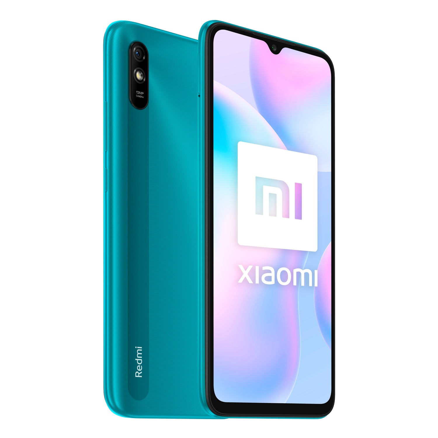 Teléfono Xiaomi Redmi turquesa, se ve la parte trasera y la pantalla. Fondo blanco.