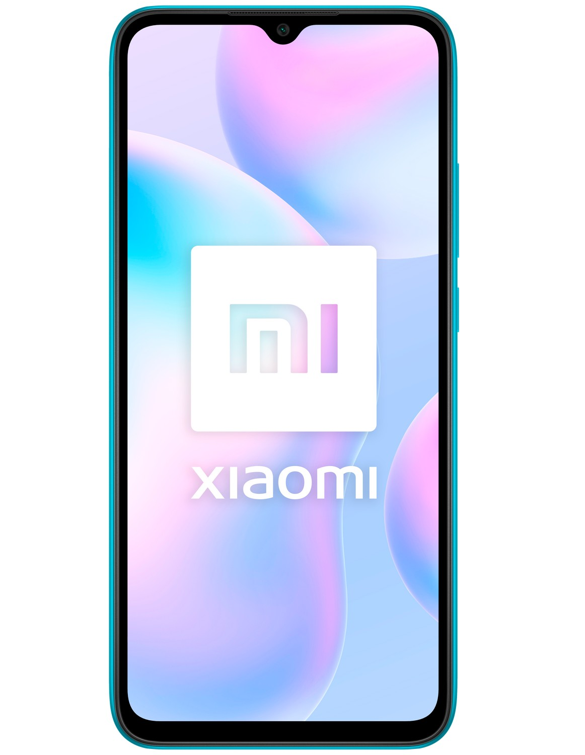 Un teléfono inteligente turquesa con una pantalla blanca que muestra un logotipo y la palabra 'xiaomi'.