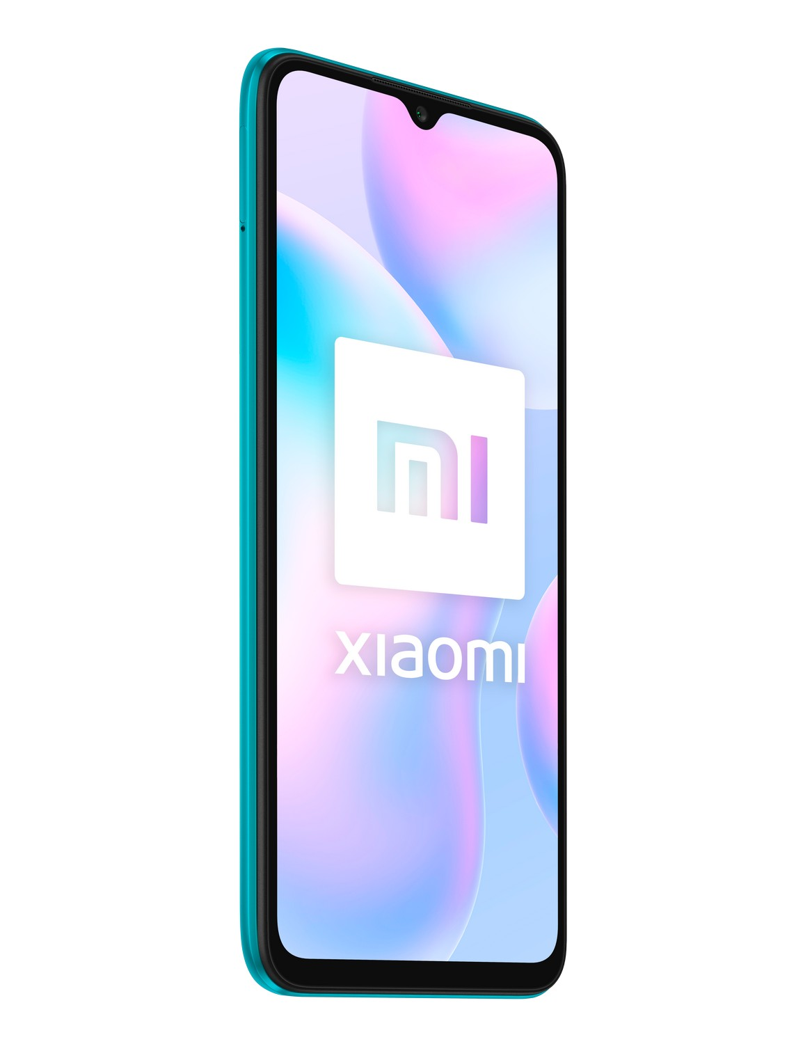 Un teléfono Xiaomi turquesa, pantalla blanca con logotipo blanco de Xiaomi.