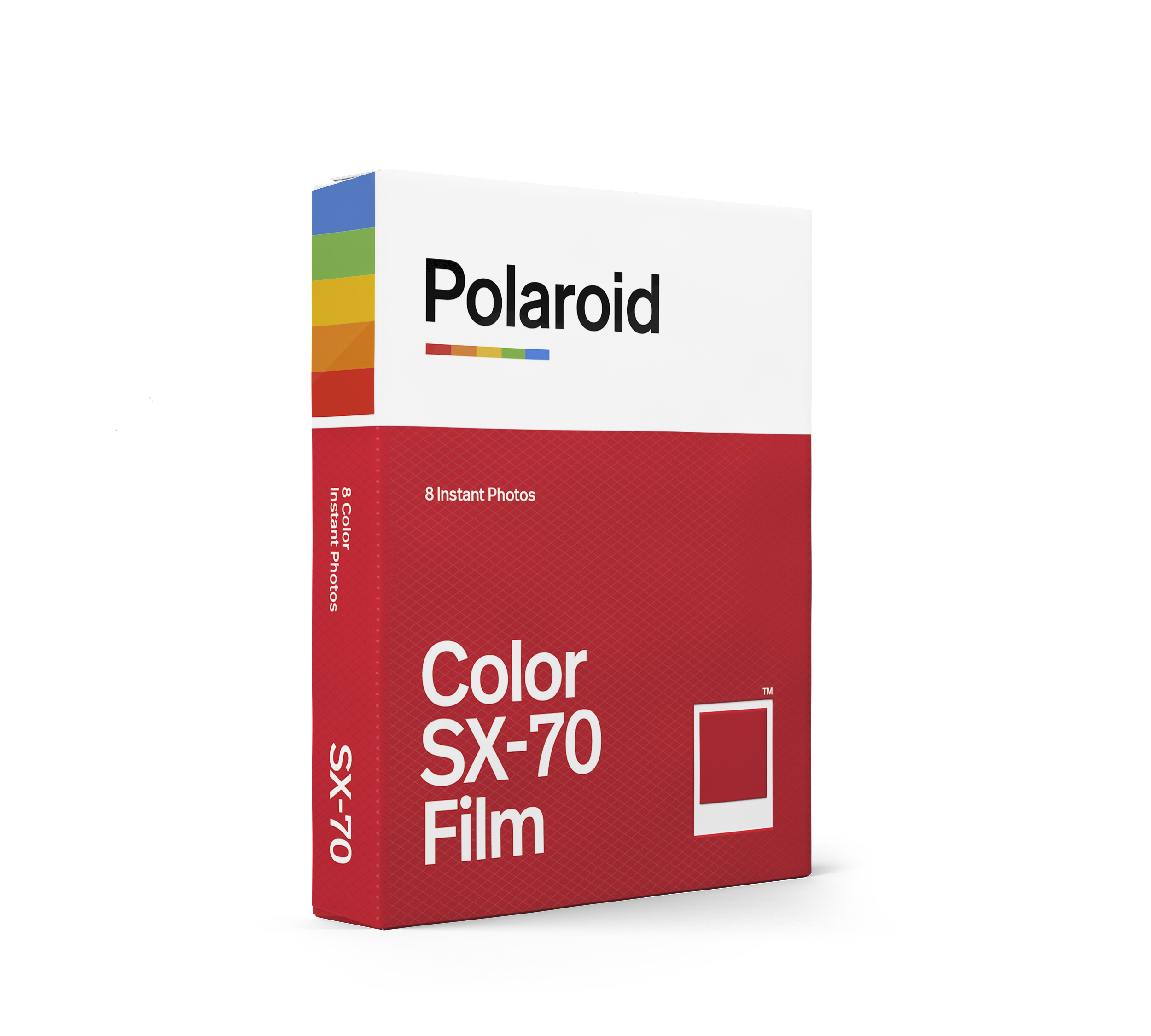 Polaroid SX-70 Sofortbildfilm-Box, rot und weiß, mit bunten Streifen.