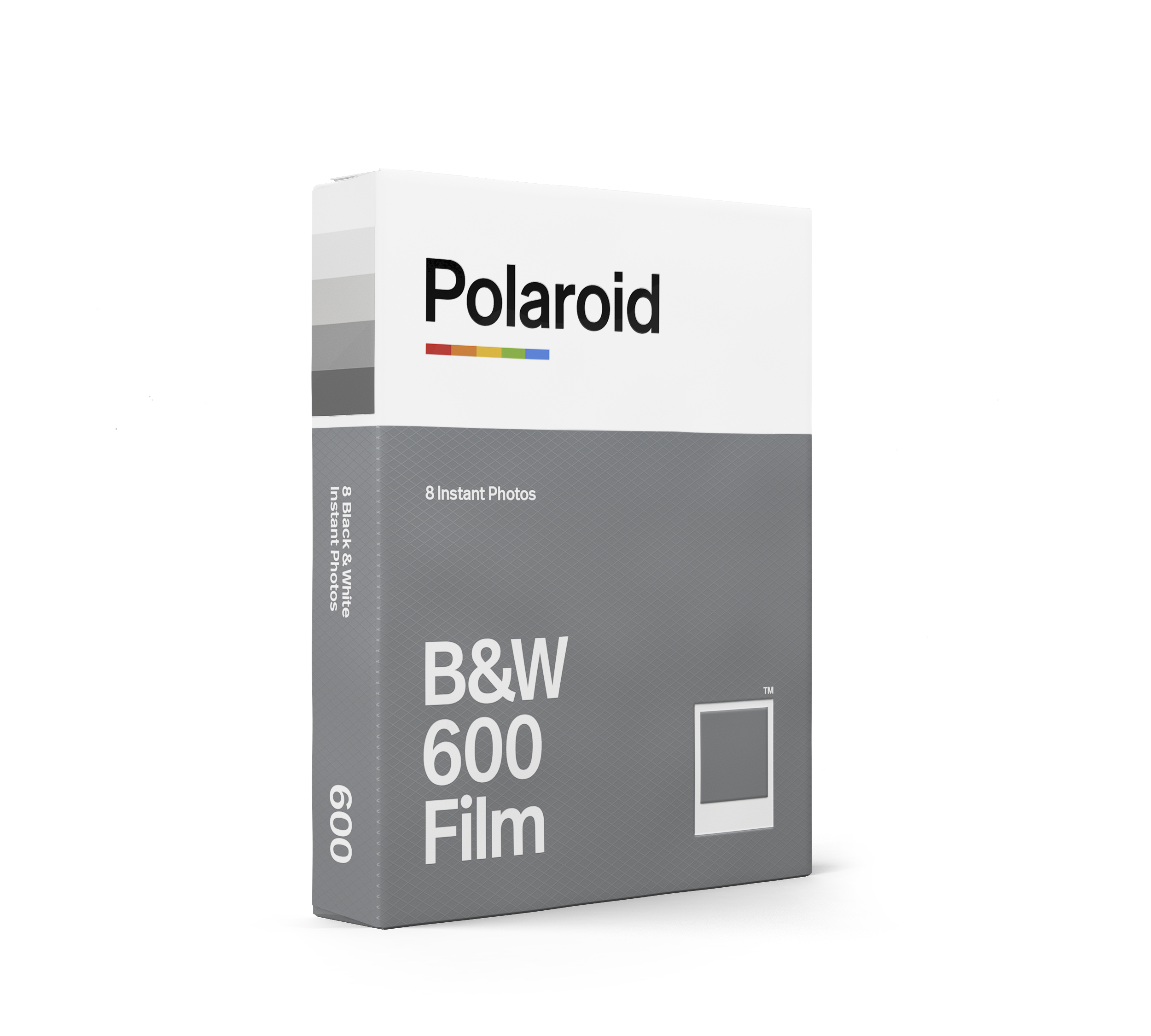 Eine weiße und graue Polaroid B&W 600 Filmbox mit der Aufschrift 'Polaroid'.