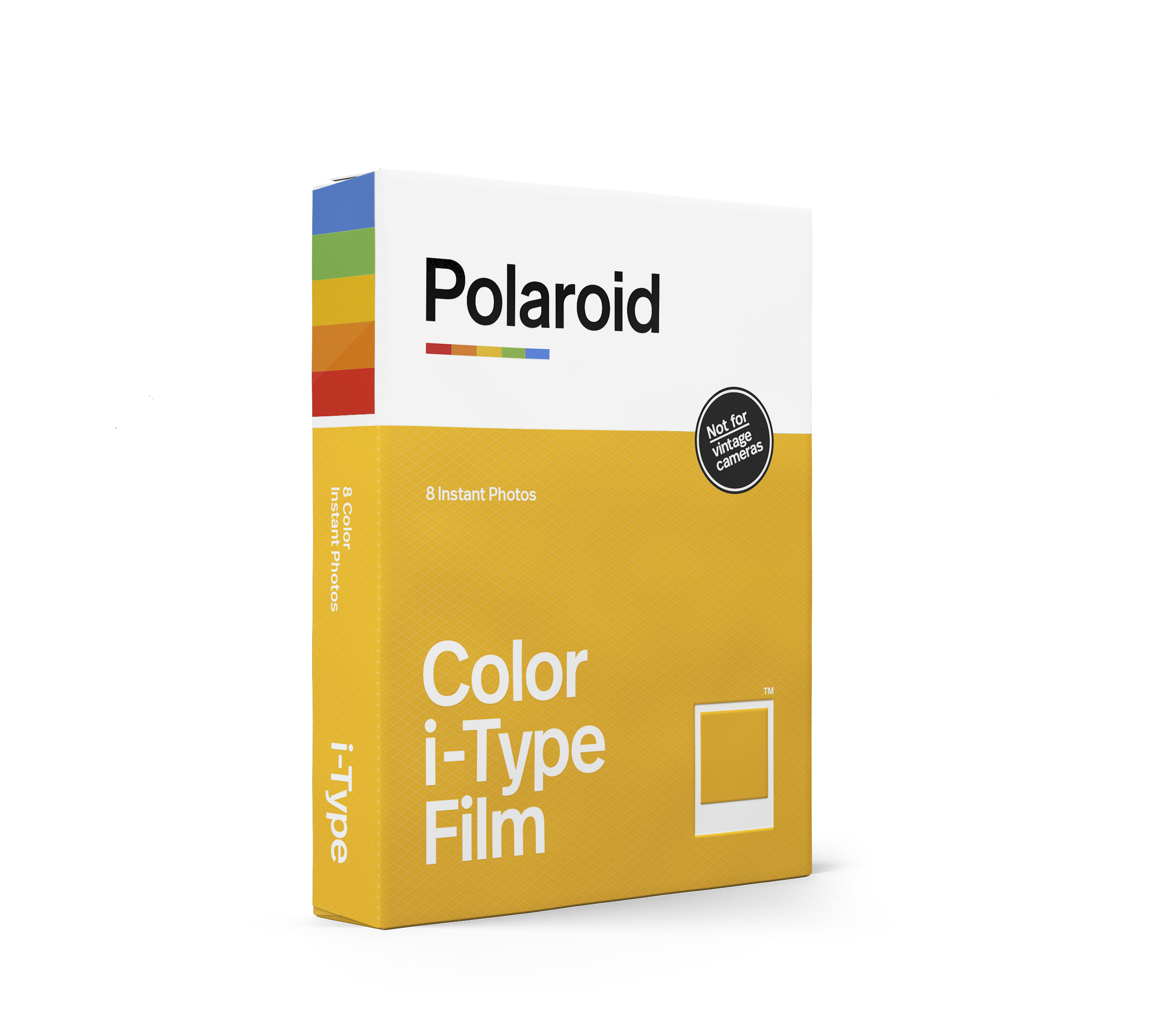 Polaroid i-Type Sofortbildfilm-Box, gelb und weiß, bunte Streifen.