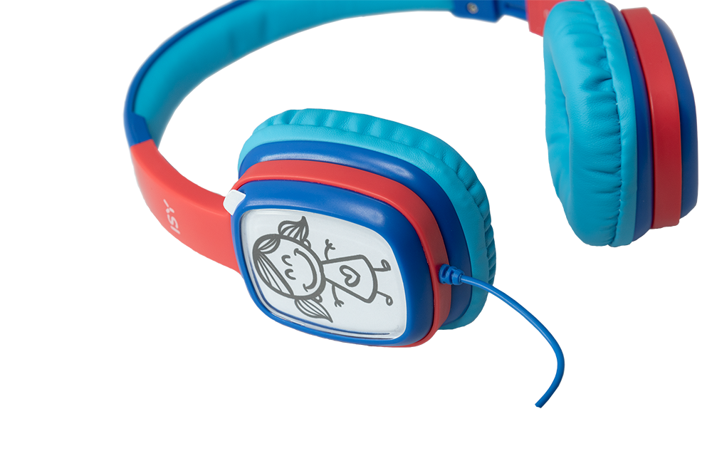 Blue and red headphones with a girl drawing on the ear cup.