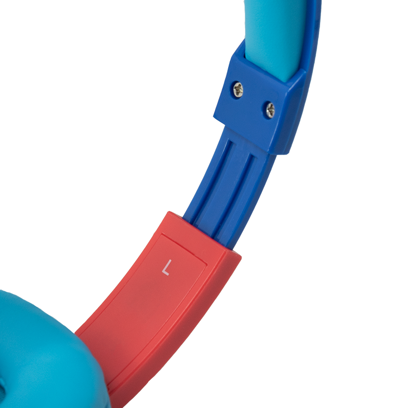 Blue and red headphones, showing the right-hand side with the letter 'L'.