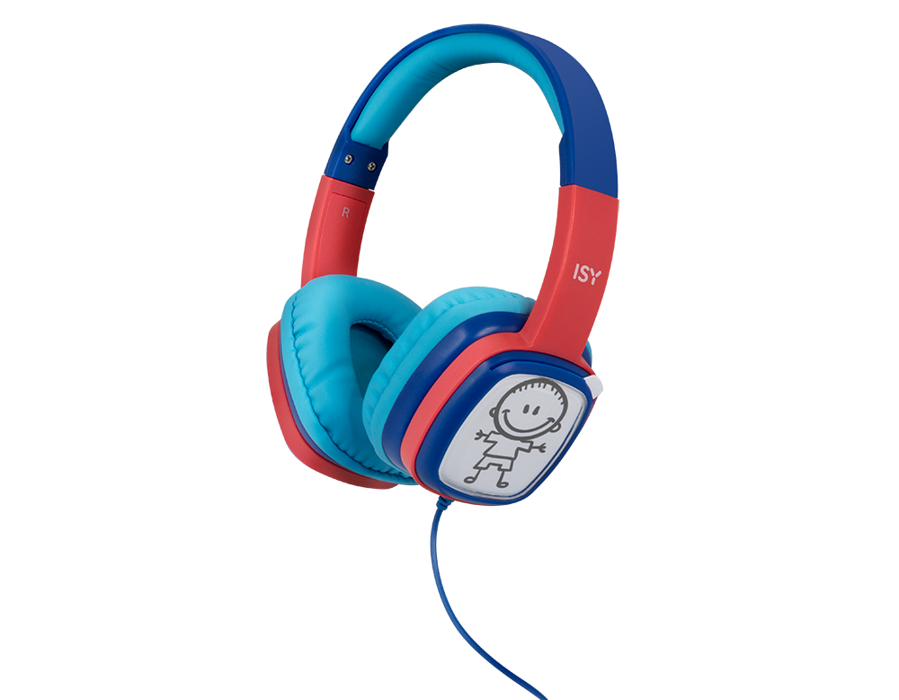 Red and blue headphones with a child's drawing on the side.