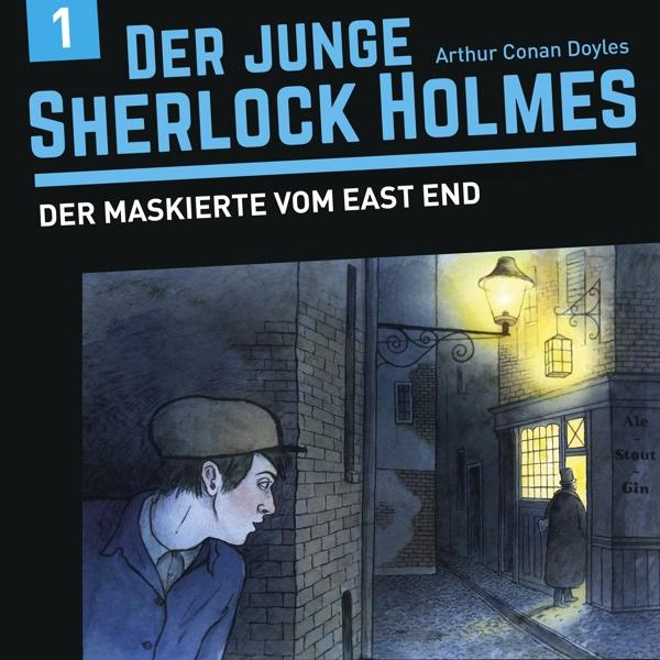 Buchcover mit Text: Der Junge Sherlock Holmes. Illustration einer Straße mit einem Pub.