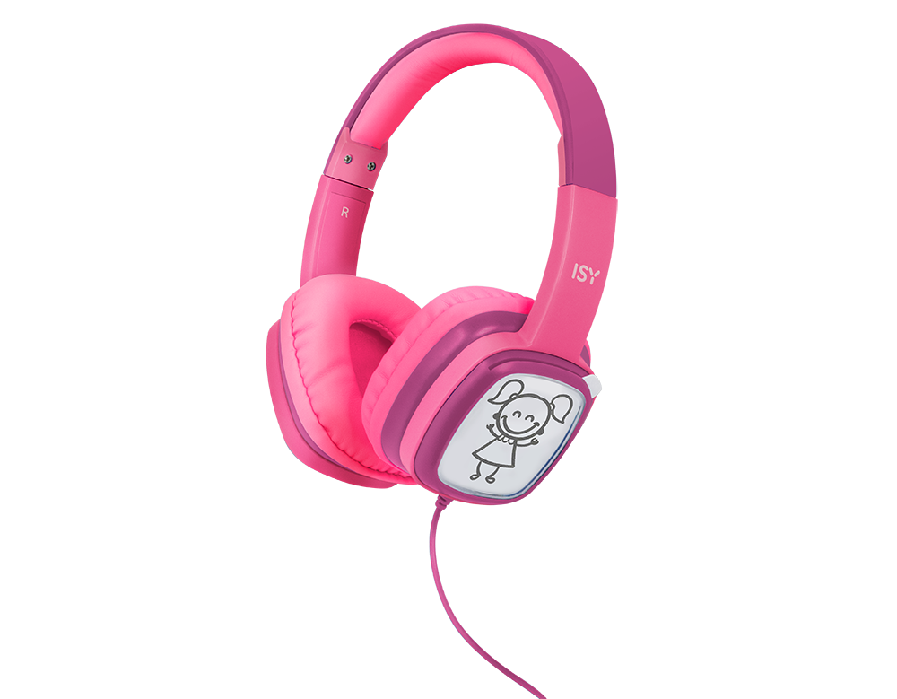 Pink headphones with a girl drawing on the side, pink cable, and a black background.