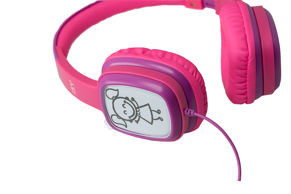Pink and purple headphones with a cartoon girl drawing on the speaker.